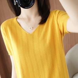 Summer New Thin 100% Pure Cotton Short-Sleeved Sweater Tees Women's V-neck Pullover T-Shirt Hollow Design Casual Knit Tops