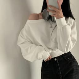 Spring 2025 Early Loose Fit Long Sve oulder Bared Slant Collar Hoodie American Sle Women's T-irt Casual Versatile Hi...