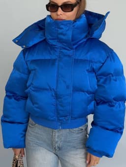 Solid Hooded Cropped Puffer Jacket Women Stand Collar Snap Button Loose Long Sleeve Jackets 2026 Winter Casual Warm Padded Coat
