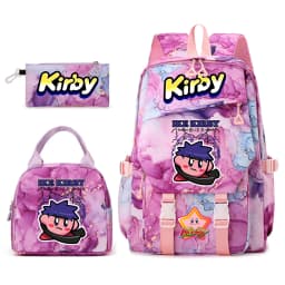 Kirby Cartoon Print Student Backpack Set for Girls with Lunch Bag and Pencil Case School Bookbag Lightweight Daypack