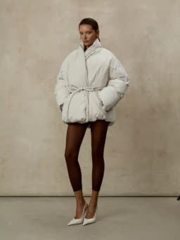 Women Off White Wrap Puffer Jacket Stand Collar Self Tie Belt Waist Long Sleeve Loose Coat Warm Winter Ladies Quilted Outerwear