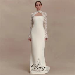 OLOEY Modern High Neck Long Lace Sleeve Wedding Dresses For Woman Satin Mermaid With Train Outdoor Bridal Gown Customized