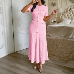 Women's Solid Color Midi Dress Short Sleeve Gold Button Decorated Fitted Flared Hem Gown Elegant Retro Outfit Dating & Parties