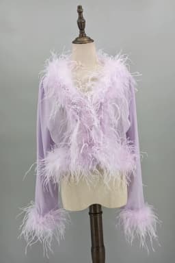 Women See-Through Top with Real Ostrich Feather Brown Black Cropped Jacket Top Bolero 240711