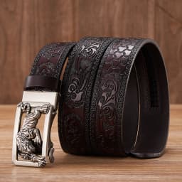 Fashion Tiger Buckle with Tang Grass Pattern Split Leather Belt for Men Work of Art Belt Automatic Buckle Business Belt
