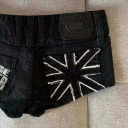 Hip Hop Womens Black Union Jack Patch Denim Shorts with Zippered Pockets Retro Y2K Punk Trend Gothic Casual Street Hot Pants