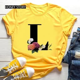 Large Size Yellow T-shirt for Men And Women with Black Fashion Trend Print of Flowers 26 English Letters Casual Short Sleeve Top