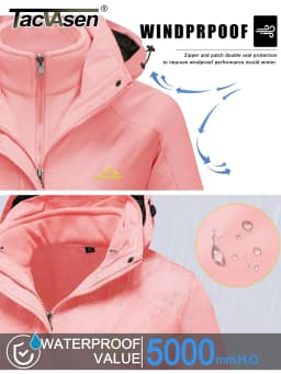TACVASEN Womens 3 in 1 Winter Fleece Jacket Waterproof Ski Snowboard Jackets Work Rain Coat Outdoor Windbreaker Female Parka