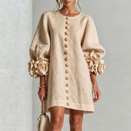 Vintage Solid Dress Ladies Puff Sleeve 3D Floral Decoration Buttons Decor Loose Straight Dress Holiday Party Daily Short Dresses