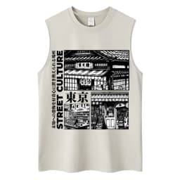 Japanese Ukiyo-e Beach Style Washed Tank Tops Naoshima Art Island Vintage Vests Men Women Cotton Casual Loose Sleeveless T Shirt