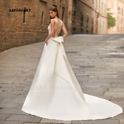 Customized Elegant Sexy Ivory Boho V-Neck Satin Lace Wedding Dress with Pocket Bow for Women Appliques A-Line Vestidos De Novia