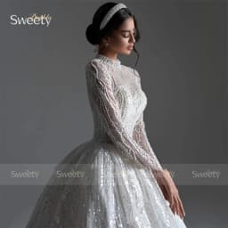 Fully Beaded Wedding Dress Beading With Ball Gown Glitter High-Neck Full Sleeve Customized Bride Dress Button Vestido De Novia