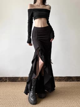 Y2k Spicy Girl Skirts Solid Color Lace Patchwork Draw String Irregular Long Skirt Harajuku Design Streetwear Women's Clothing