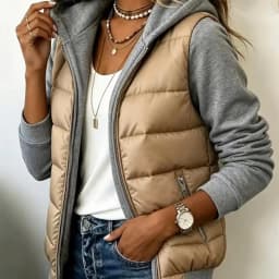 Women's Color Block Hooded Puffer Jacket -Quilted Zip Up Coat with Contrast Sweatshirt Sleeves, Casual Lightweight Winter Outer