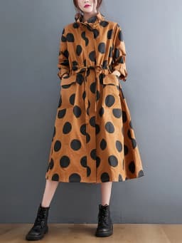 2026 Autumn Winter Oversized Polka Dot Long Trench Coat For Women Clothes Stand Collar Drawstring Fashion Casual Loose Outerwear