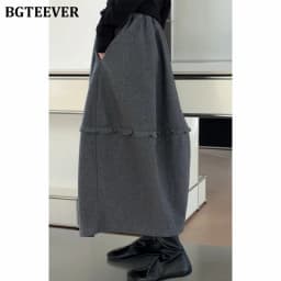 BGTEEVER Chic Stylish Warm Loose A-line Skirts for Women Autumn Winter Elegant High Waist Pockets Ladies Mid-Length Skirts