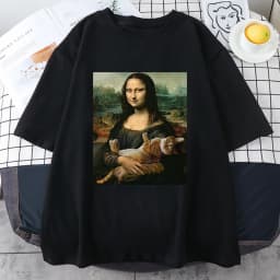 Funny Mona Lisa And Cat Printed T-Shirt For Men Summer Cotton T Shirt Loose Breathable Clothing Street Fashion Casual Short Tees