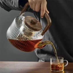 Large Capacity 1300ml Stripe Pattern Glass Teapot Wooden Beam Tea Kettle Brewing Puer Teapot Herbal Health Flower Tea Maker