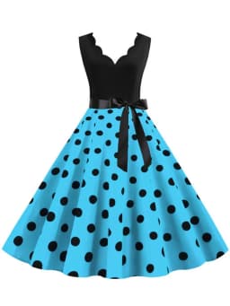Polka Dot Print Women Summer Dress Black Patchwork Sleeveless V Neck Elegant Vintage Party Casual Midi Dress