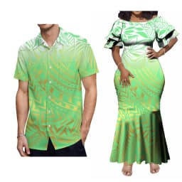 Support Custom Women'S Crew-Neck Dress Midi Party Fishtail Long Dress Polynesian Samoan Couple Suit Matching Men'S Aloha Shirt