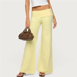 Coquette Solid Color Fold Over Waist Flare Pants Women Low Rise Stretchy Bootcut Long Trousers Casual Minimal Lounge Pants