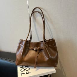 Vintage Brown Leather Tote Bag with Beaded Bag Charm Buckle Detail Large Capacity Shoulder Purse for Work Commuter Daily Use