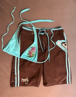 Brown Board Shorts Women Light Blue Trim Side Pocket Striped Detail  Low Rise Beach Streetwear Casual Summer Fashion Hot Pants