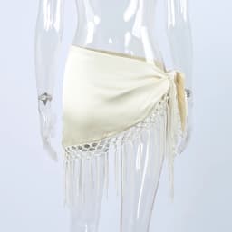 Linad Street Chic Beige Satin Tassels Mini Skirts Woman 2026 Summer Elegant High Waist Irregular Skirts Casual Loose Skirt Women