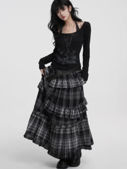 Y2k Harajuku Vintage Long Skirts Plaid Ruffles Patchwork Casual Loose Cake Skite Punk Gothic Streetwear All Match Women Clothing