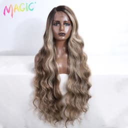 Magic Synthetic Lace Front Wig Long Wavy 36 Inch Cosplay Body Wavy Side Part Lace Wig For Women Lace Front Wig Ombre Blonde Wig