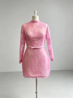 Pink Lace Short Sleeve High Neck A-Line Dress with Belt – Party Wedding Cocktail Dress Long Sleeve High Neck Ever Pretty
