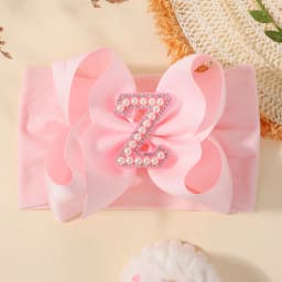 26 Letters Pink Big Bows Pearl Headbands for Baby Girls 5.98'' Wide Nylon Knotted Soft Elastic Hair Bands Wraps Headwear 1PCS