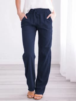 Spring and summer new solid color cotton and linen drawstring loose casual wide leg pants