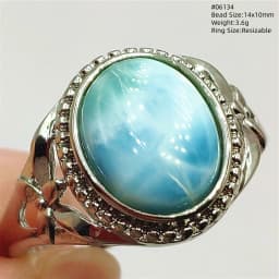 Natural Blue Larimar Oval Adjustable Ring Jewelry Water Pattern Real Larimar For Women Men Healing Fashion Stone AAAAAA