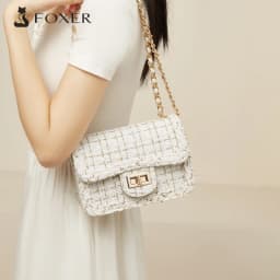 FOXER Fabric Women's Chain Shoulder Bag Summer Small Flap Bag PU Female Fashion Crossbody Bag Purse Gift for Wife,Girlfriend