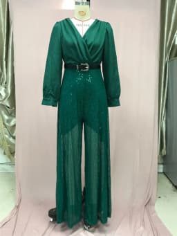 jumpsuit Women Spring Autumn, High-end V-neck Long Sleeved Shirt, Elegant Temperament, Cinched Waist, Sequins, French Wide Legs