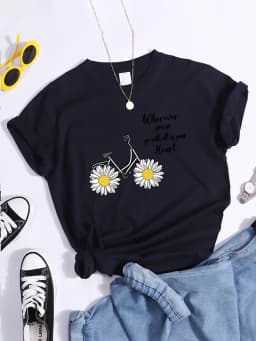 Women's Tshirt Daisy Bike Personalized Text T-Shirts Crewneck Vintage Short Sleeve Tops Korean Style Solid Color Women Tshirt
