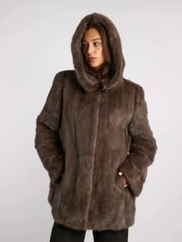IG Women Brown Hooded Single Button Mid-Length Faux Fur Coat, Side Pockets, Winter Warm Vintage Elegant Commute Outerwear