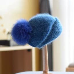 Winter Women's Real Fox Fur Pom-Pom Knitted Beanie Cap with Rabbit Fur Trim and Cashmere Touch