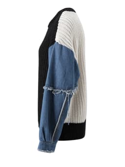 [EAM] Black Denim Color-block Big Size Knitting Sweatshirt New Round Neck Long Sleeve Women Fashion Spring Autumn 2026 CPG6698