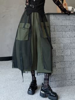 [EAM] High Elastic Waist Army Green Mesh Spliced Wide Leg Pants New Trousers Women Fashion Tide Spring Autumn 2026 1DJ3276