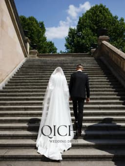 QICHE Modest Satin Muslim Wedding Dresses High Collar Long Sleeves Buttons Bridal Gown Customized vestidos de novia for Bride