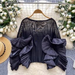 Chic Blouses for Women's Temperament Lady Tops Ruffles Gauze Loose Shirts 2025 Blusas Mujer De Moda Folds Korean Summer Blouse