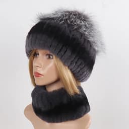 Women's Winter Warm Genuine Fur Hat Scarf Set Real Rex Rabbit Fur Cap with Silver Fox Scarves 2-Piece Natural Fashion Accessory