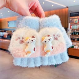 4-7Y Girls Winter 2 in 1 Convertible Flip Gloves Cute 3D Cat Decor Knitted Plush Gloves Kids Paw Print Windproof Thermal Mittens