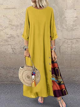 Women Vintage Print Patchwork Maxi Dress Boho 3/4 Sleeve Oversized Long Dress Casual Harajuku O Neck Loose Dress Elegant Robe