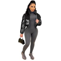 ANJAMANOR Silver Glossy Puffer Jacket Zip Up Shiny Bubble Coat Streetwear Women Clothing Winter Baddie Clothes D48-FH59
