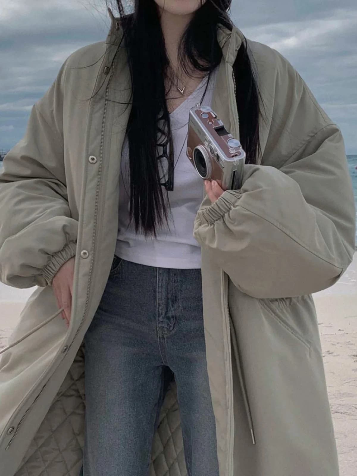 Chic Winter Women's Long Cotton Jacket Coat Drawstring Warm Outerwear Loose Fitting Parka Korean Style Commute Fashion