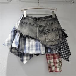 DEAT Fashion Women's Patchwork Plaid Button Design Denim 2024 Summer Skirts New A-line High Waist Mini Skirt Female 29L7797