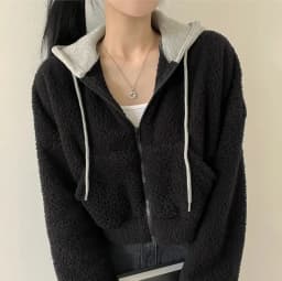 Lamb Fur Collar Short Coat Women's Autumn Winter Thickened Zipper Hooded Jacket Korean Style Contrast Color Open Cardigan